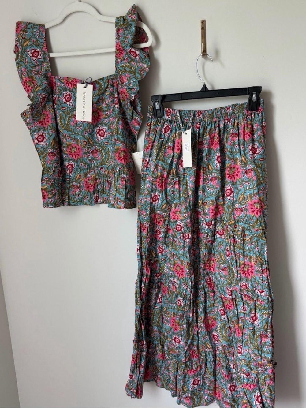 Floral Ruffle cotton tank Top & Maxi Skirt Set Pink & Green NWOT